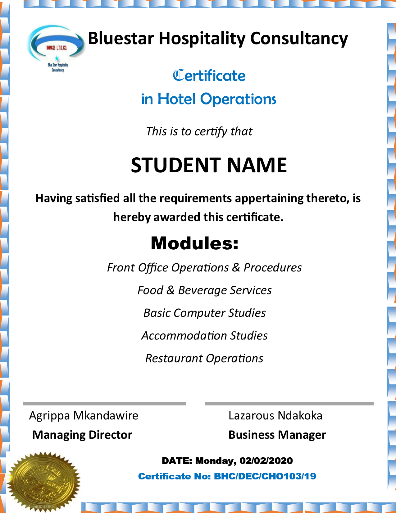 Certificate in Hotel Operations certificate