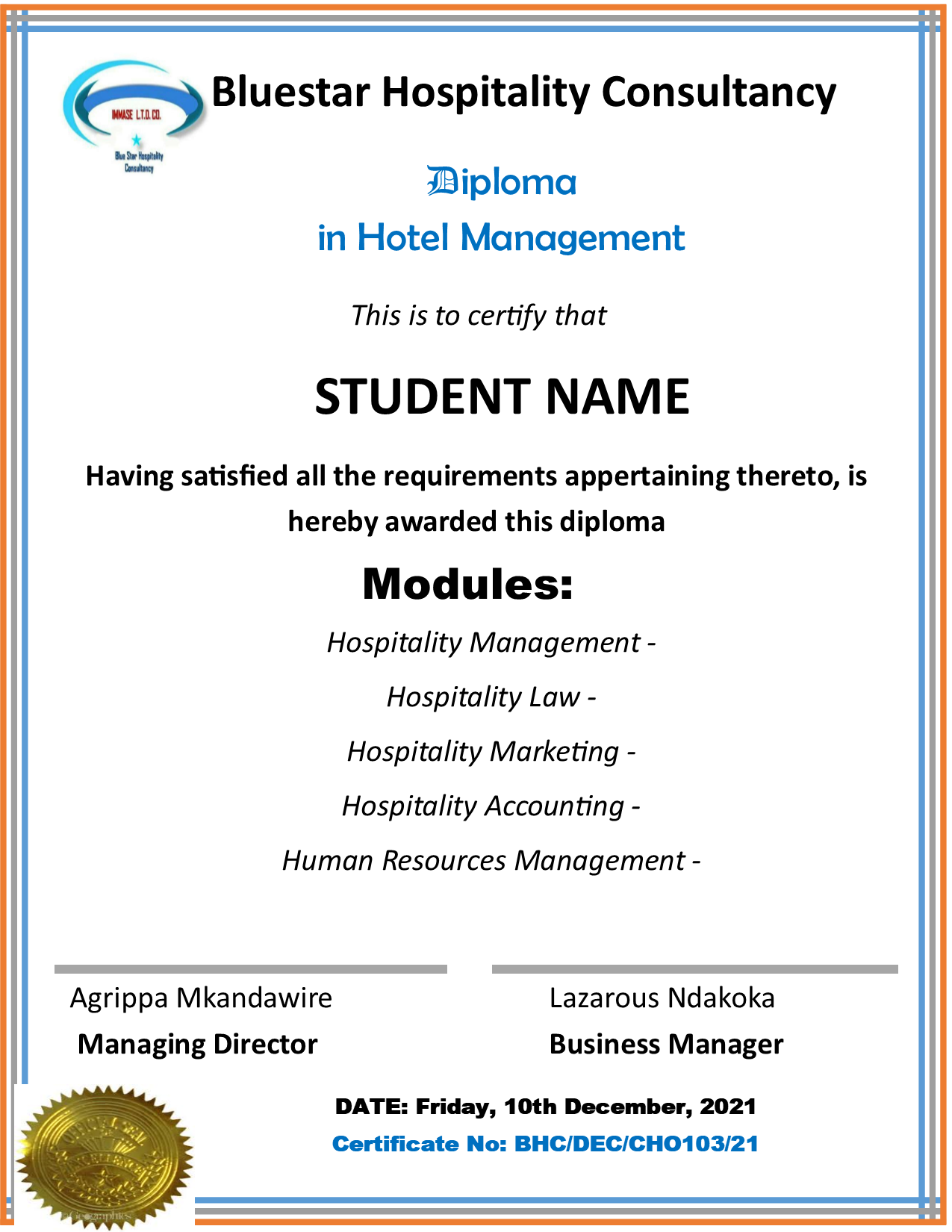 Diploma in Hospitality Management certificate